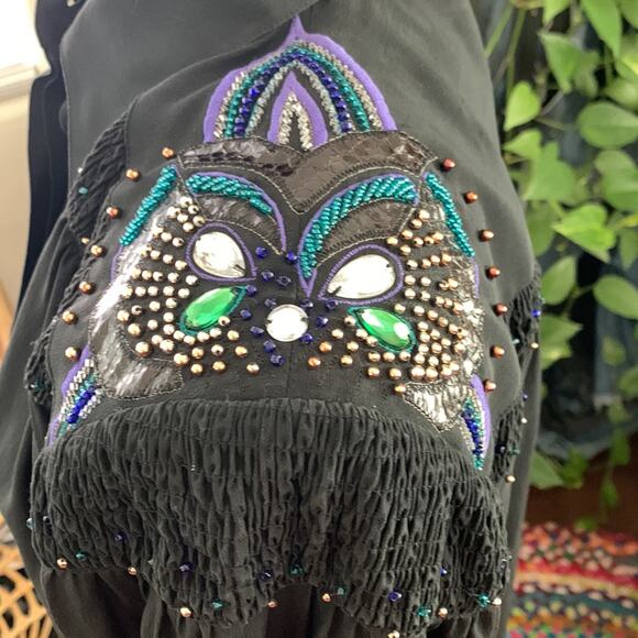 Vintage 80s Joseph Ho Black Silk Beaded Shoulder Long Sleeve Button Up Shirt Top - Picture 2 of 5